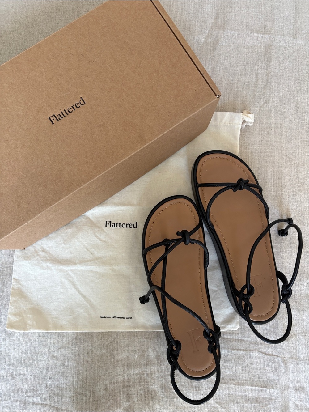 NWOT Flattered Black Platform Tie Sandals